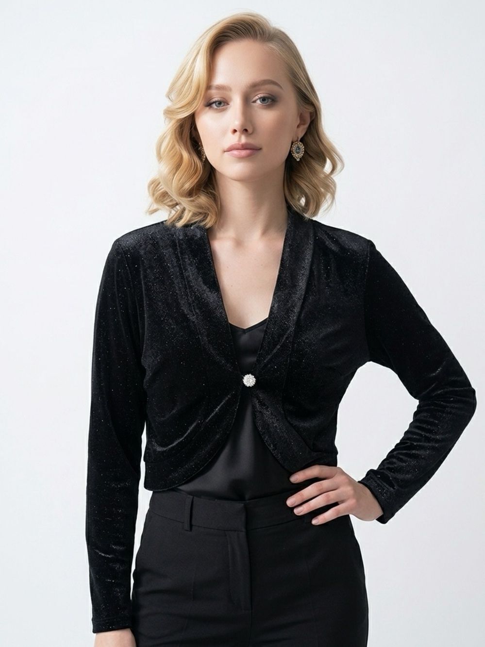 BADGLEY MISCHKAโ| NEW Shimmering Black Velvet Jacket/Shrug Womenโs Size Medium